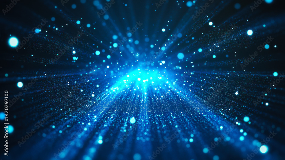 Poster dynamic blue light rays create a captivating cosmic visual effect of starry particles in motion in a