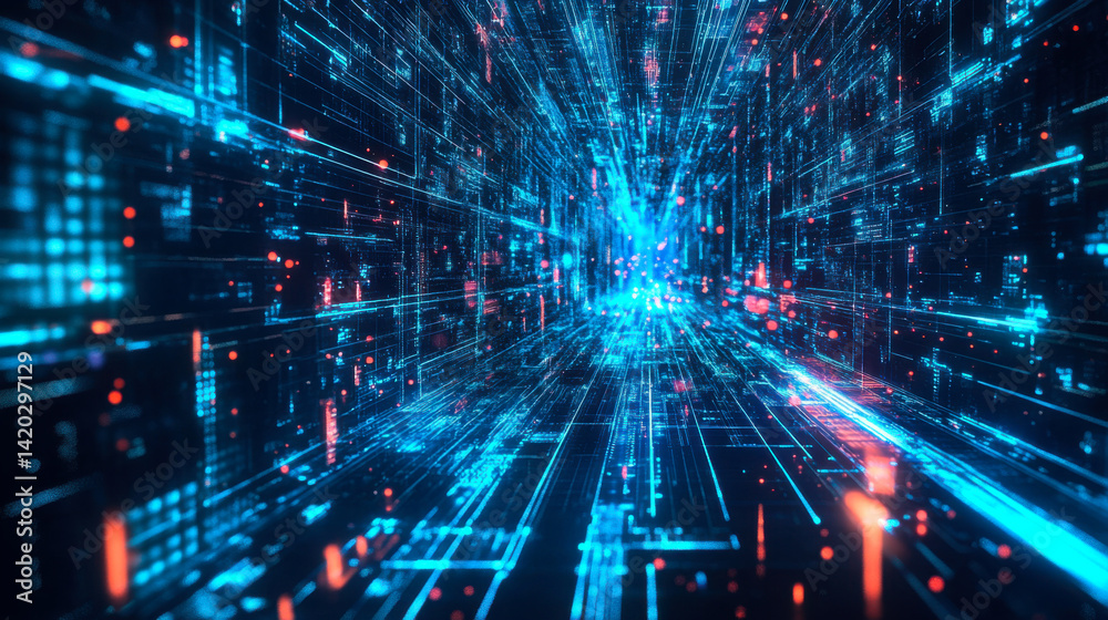 Poster futuristic digital tunnel with vibrant lights and data streams intersecting