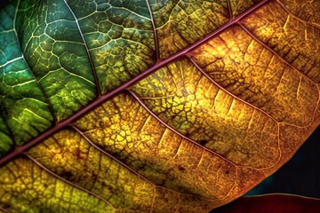 Close up of a colorful leaf with veins. Abstract background for design. generative AI