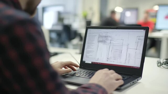 Engineers focused on using CAD software on their laptop in a high-tech workspace. The scene highlights collaboration,