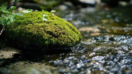 A moss covered stone rests beside flowing clear water