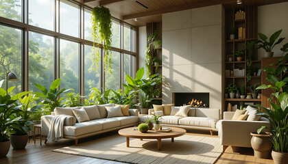 Interior of a sunlit living room with large windows and an abundance of plants and modern furniture
