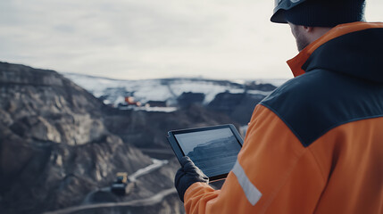Lithium mine supervisor reviewing site operations with a tablet. Featuring leadership and strategy