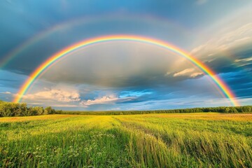 Naklejka premium A stunning double rainbow appears in the vast sky above a field
