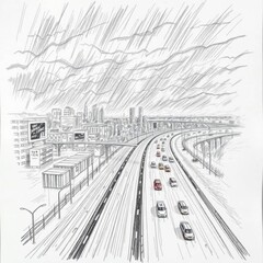 Urban Highway Sketch: A Pen-and-Ink Cityscape under a Stormy Sky
