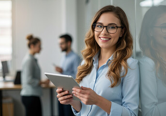 Confident businesswoman using tablet in modern office setting