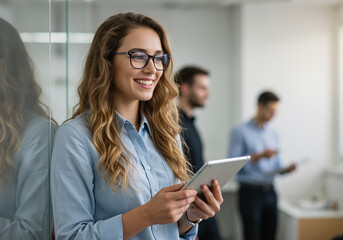 Confident businesswoman using tablet in modern office setting
