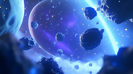 Asteroids racing through the solar system with a distant blue planet  a cosmic adventure awaits