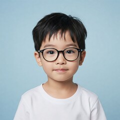 close up of a shy and timid and cute little asian boy with heavy glasses