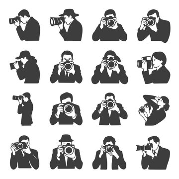 Sixteen Silhouette Icons of Photographers in Various Poses Holding and Using Cameras