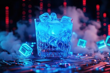 A Glowing Neon-Blue Cocktail Floating Mid-Air, Surrounded by Translucent Ice Cubes and Misty Vapor Swirls, Set Against Digital Circuitry Patterns and Ambient Lighting