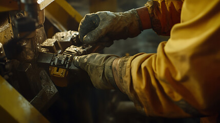 Lithium miner adjusting control settings on drill machine. Featuring precision and technical expertise