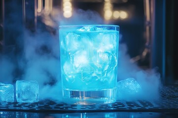A Glowing Neon-Blue Cocktail Floating Mid-Air, Surrounded by Translucent Ice Cubes and Misty Vapor Swirls, Set Against Digital Circuitry Patterns and Ambient Lighting