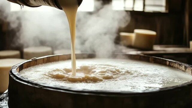 Slow-motion shot of a dairy worker pouring milk into a heated vat, preparing it for the next stage of cheese manufacturing.","Dairy worker, slow-motion, milk pouring, heated vat