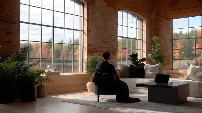 Solitary Figure Window Contemplation Warm Interior Fall Hues.