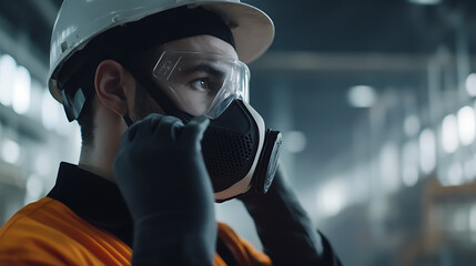 Lithium miner adjusting dust mask before entering processing facility. Featuring preparation and safety