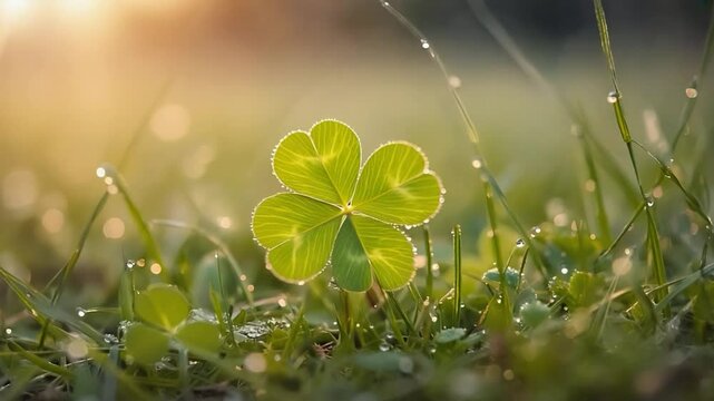 Dew-kissed four-leaf clover in morning light
