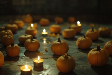 A Group of Small Pumpkins Arranged in a Pattern, Eerie Candlelight Casting Shadows Nearby, Creating a Mysterious and Spooky Ambiance