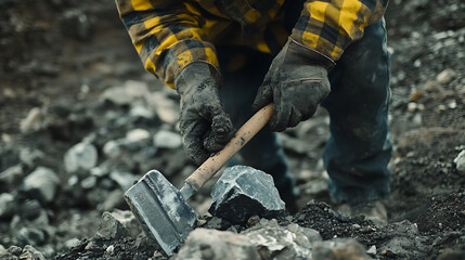 Fototapeta premium Lithium miner carefully extracting rock samples from an active excavation site. Featuring precision sampling and geological study