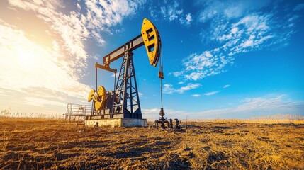 A large oil pump is in the middle of a field