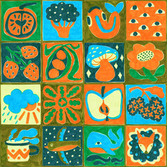 Seamless acrylic marker pattern with whimsical nature and food elements. Hand-drawn texture, bold colors. Perfect for fabric, packaging, kids decor. Handdrawn.