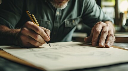 A close-up view of a person’s hand holding a pencil, poised over architectural plans or diagrams on a wooden table.