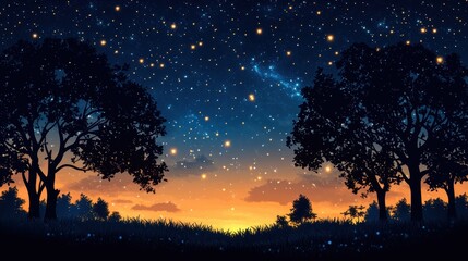 Naklejka premium Stars twinkle above two silhouette trees on a gentle hill under a clear night sky in a serene landscape