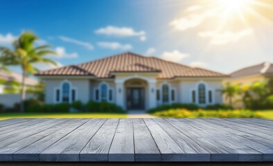 Obraz premium Empty wooden deck in front of a beautiful house