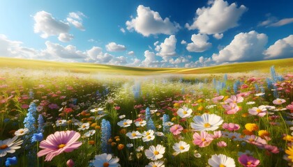 A wide field of blooming wildflowers under bright summer sky, natural colors, clear blue background