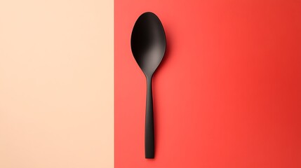 Matte Black Spoon Flat Layed on Salmon and Coral Red Colorful Background Split