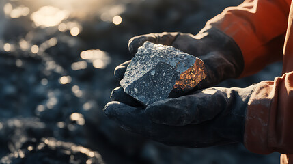 Lithium miner holding extracted mineral sample against the sunlight. Featuring inspection and curiosity