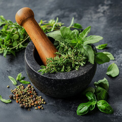 Mortar and Pestle with Fresh Herbs - Traditional Flavor Making 