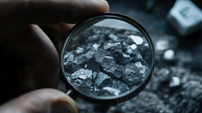 Lithium miner inspecting crushed ore samples under a magnifying glass. Featuring material assessment and quality control