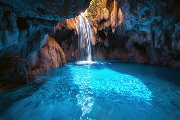 A Hidden Waterfall Within a Glowing Cavern, Shimmering Water Flowing into a Blue Pool, Surrounded by Sparkling Crystals and Soft Light Beams