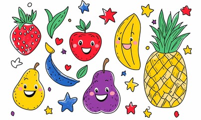 Happy fruits cartoon illustration, kids food