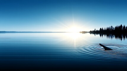 Splinter Slicing Through Serene Waterscapes Under Azure Skies At Sunrise With Trees Silhouetted.