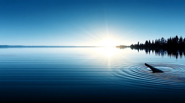 Splinter Slicing Through Serene Waterscapes Under Azure Skies At Sunrise With Trees Silhouetted.