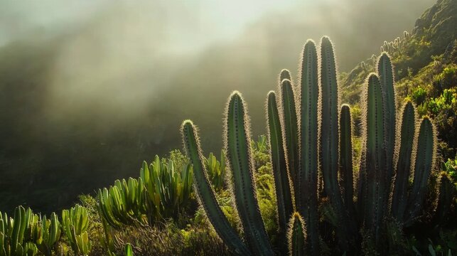 Close up of a flourishing san pedro cactus in the peruvian andes bathed in morning mist and sunlight