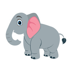 A cute, cartoon-style elephant with a gray body, large pink ears, and expressive blue eyes. The elephant stands in a playful pose, showcasing a curved trunk and a small, curly tail. Its feet are round