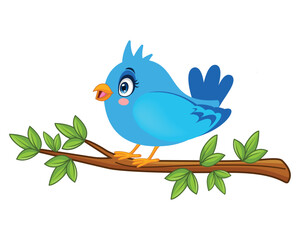 A cute, cartoon-style bluebird perched cheerfully on a leafy tree branch, singing with a happy expression. Bright, colorful, and playful illustration on a white background.