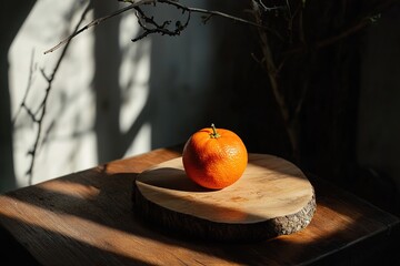 A Fresh, Juicy Orange Resting on a Warm-Toned Wooden Board in a Minimal Composition, Bathed in Bright Natural Light for a Crisp, Refreshing Look