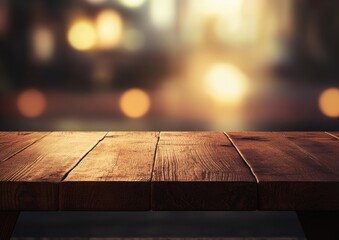 Empty wooden table outdoors at night. Bokeh lights in the background