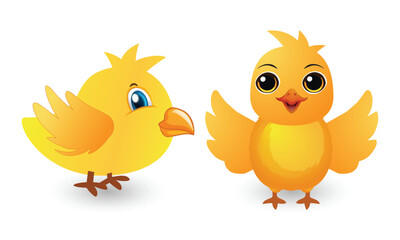 Two yellow cute cartoon baby chicks standing side by side on a white background, one facing forward with open wings and big expressive eyes, the other in side view with a curious look.