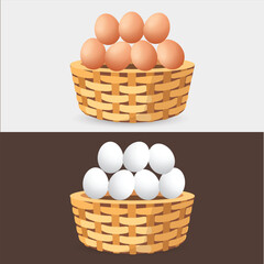 Two wicker baskets filled with eggs, one with brown eggs on a light background and one with white eggs on a dark background. Clean, simple, and contrasting food illustration.