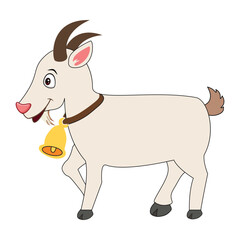 A cute cartoon goat with a bell around its neck, smiling and walking. Light beige body, brown horns and tail, with pink ears and nose