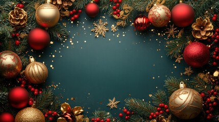 Christmas ornaments frame on dark background with festive glitter