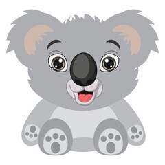 Adorable cartoon koala sitting with a happy expression and big round eyes.
Gray fur, large black nose, fluffy ears, and cute little paws showing