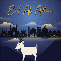 Design an Eid al-Adha scene with a mosque silhouette, starry night sky, and a goat in the foreground. Include festive clouds and golden calligraphy text