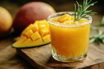 A Vibrant Mango Margarita with Rosemary Garnish in a Crystal-Clear Glass, Resting on a Wooden Cutting Board, Capturing a Bright Tropical Aesthetic