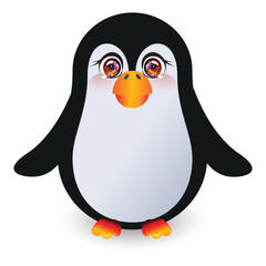 A cute cartoon penguin with big sparkling eyes and a bright orange beak.
Simple vector style with a glossy finish and a white background.